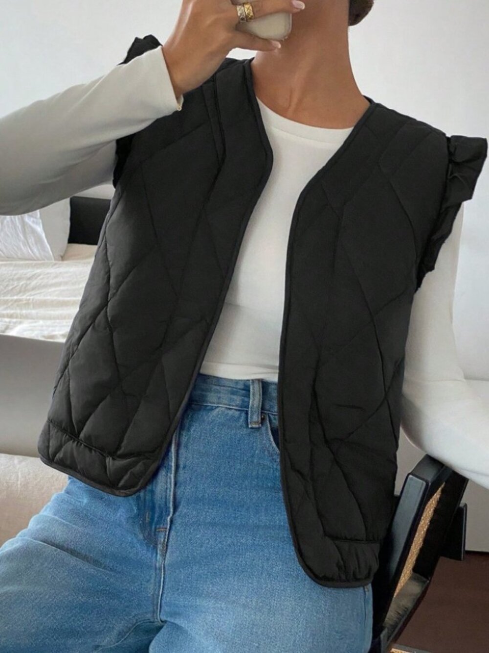 Black Quilted Puffer Vest with Ruffle Trim Shoulders